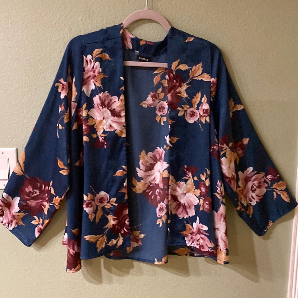 Torrid Dark Aqua Satin Floral Kimono